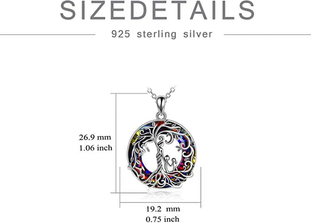 Mother and 2 Family Members Necklace Volcanic Crystal Tree of Life Pendant S925 Sterling Silver Family Protection Jewelry for Mom New Mother Keepsake Gift for Grandma Daughter Her